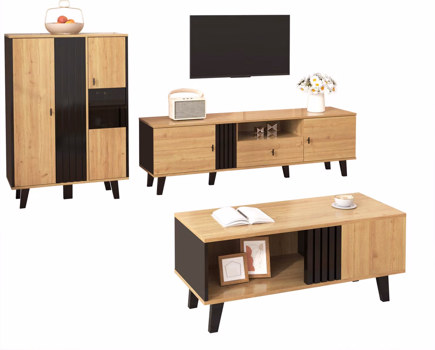 Set di mobili per soggiorno Fortuna Lai, 3 pezzi – tavolino, mobile TV e credenza – design moderno in legno e nero – ampio spazio contenitivo, eleganza raffinata per ogni casa