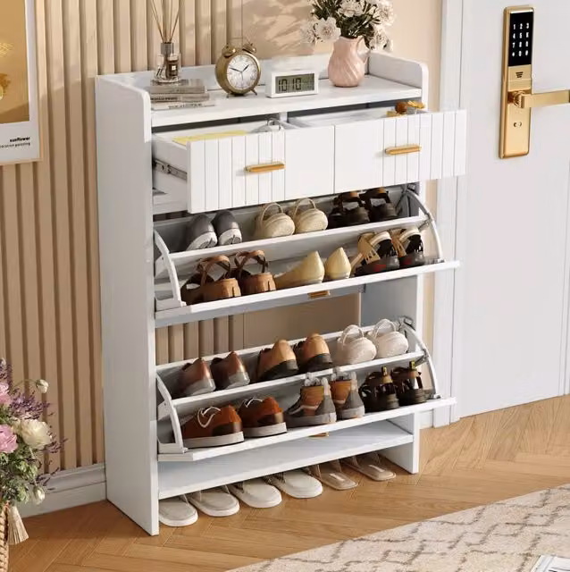 Mobiletto Porta Scarpe con Ribaltina e 2 Cassetti, Bianco, 75×24×108,5 cm, Perfetto per Ingresso