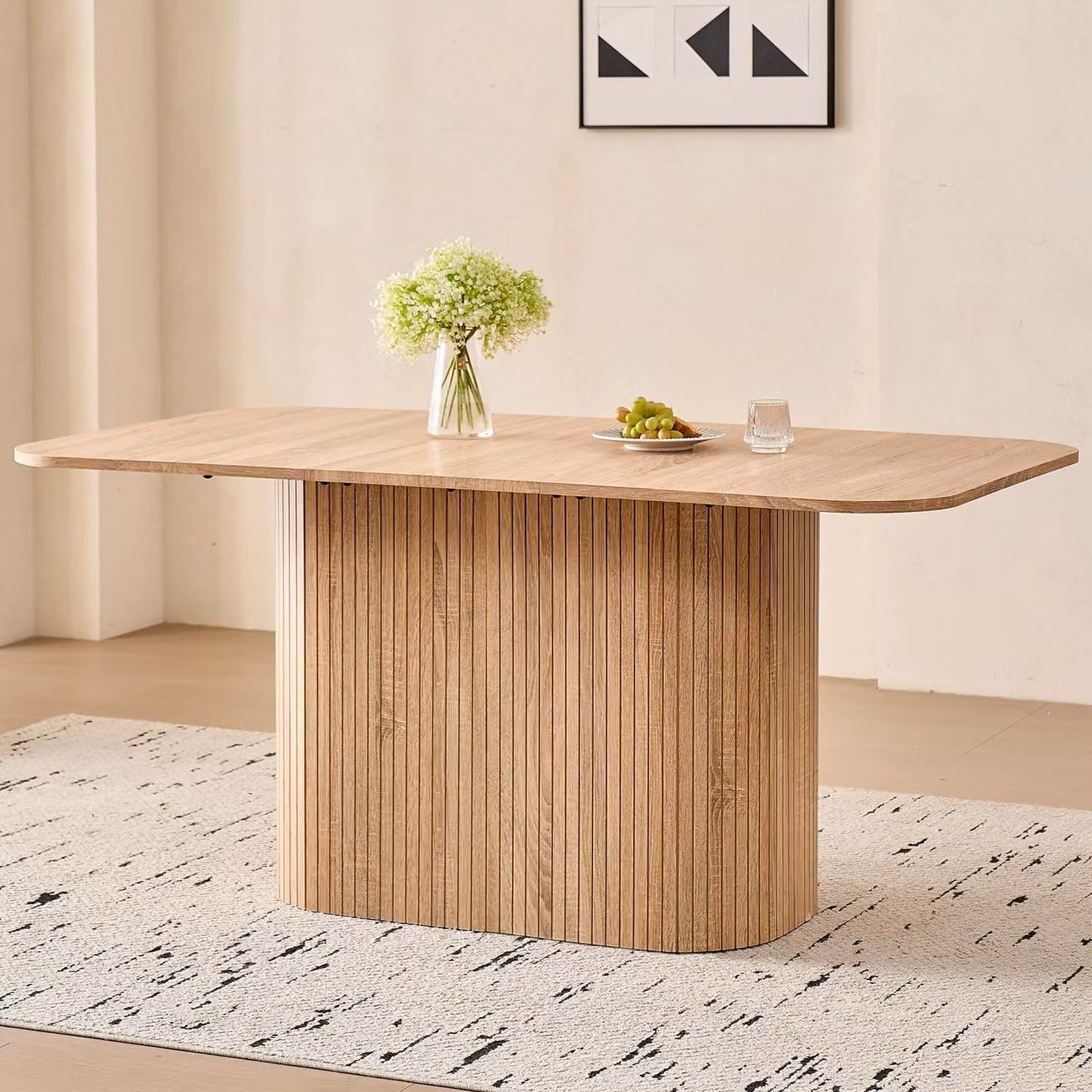 Tavolo da pranzo rettangolare, dimensioni 160x90 cm, realizzato in MDF con finitura effetto legno chiaro e design a listelli