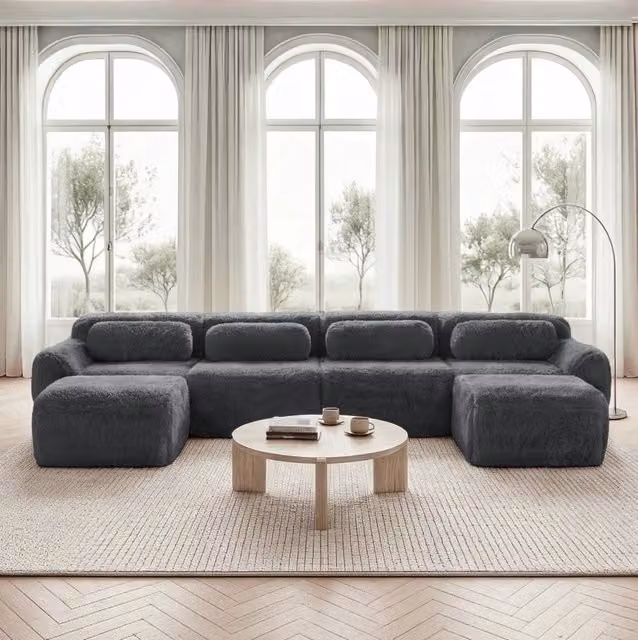 Divano modulare a U in tessuto peluche; senza montaggio; con base antiscivolo; grigio