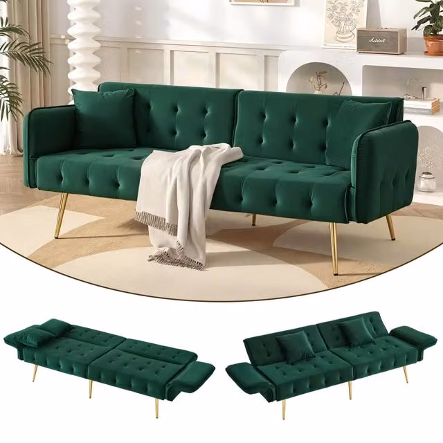 Divano letto a 2 posti WISHDOR in velluto verde con schienale regolabile e funzione click-clack per soggiorno e camera da letto