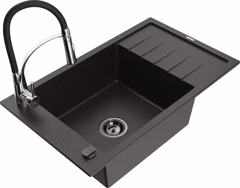 Mexen Elias lavello in granito a 1 vasca con scolapiatti e rubinetto cucina Aster, nero/oro metallizzato - 6511-75-73450-07-B