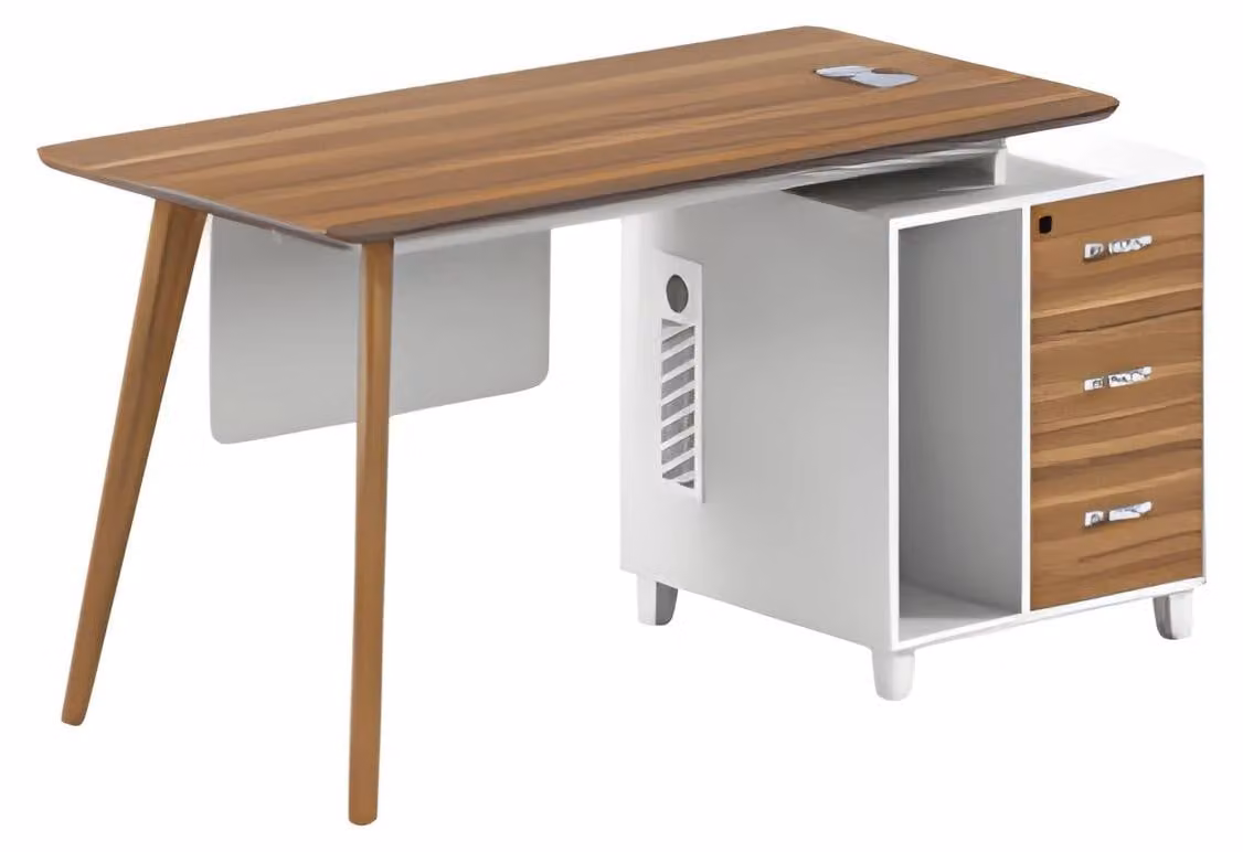 Moderner Schreibtisch aus Holz und Weiß mit Stauraum und eleganten Holzbeinen