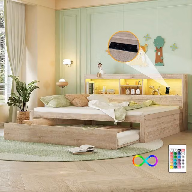 Divano letto daybed - Xylo - 140x200 cm LED USB contenitore naturale