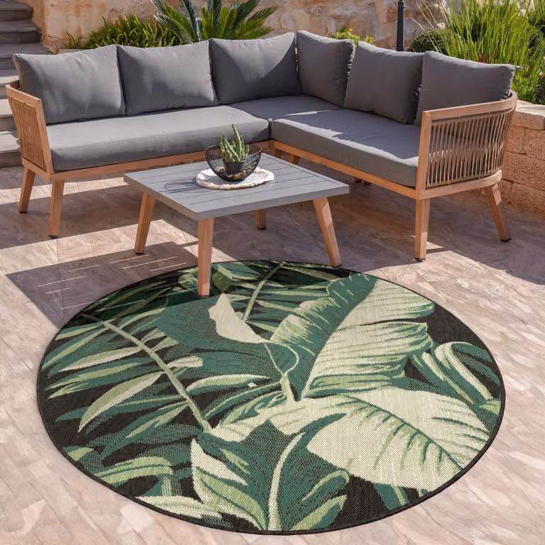 Tappeto rotondo Ostenza nero per interni ed esterni con motivo floreale, diametro: 160 cm
