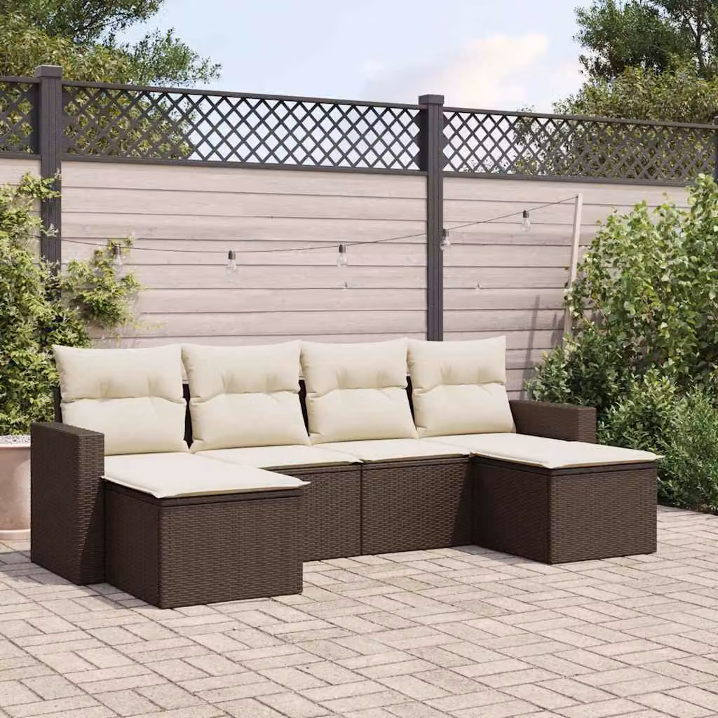 vidaXL Set Divano da Giardino Moderno a L con 6 Pezzi, Marrone e Bianco, con Cuscini Imbottiti e Struttura in Acciaio Verniciato a Polvere – 1