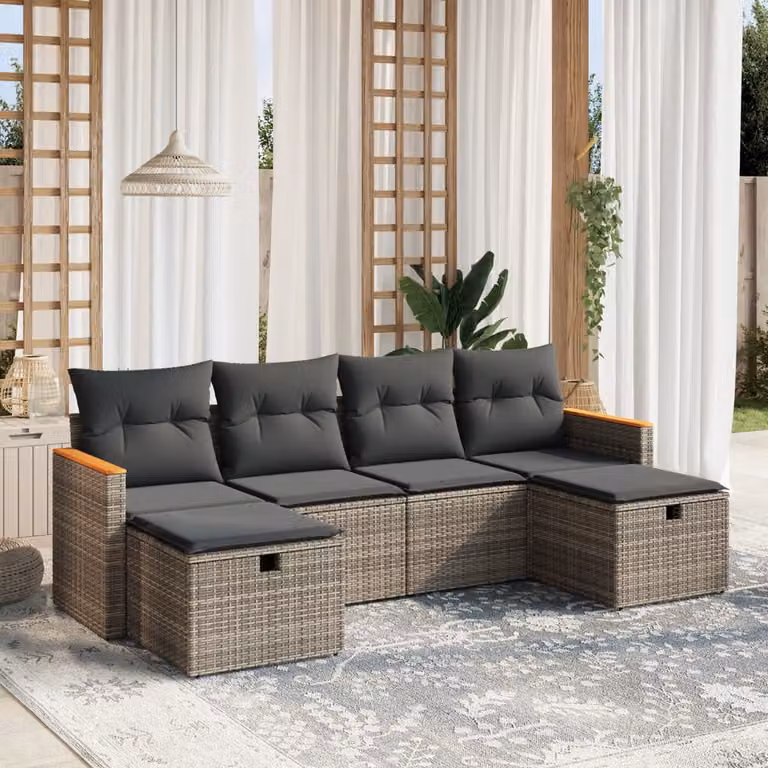 Set Divano da Giardino a L vidaXL 6 pz con Cuscini Grigio in Polyrattan e Struttura in Metallo