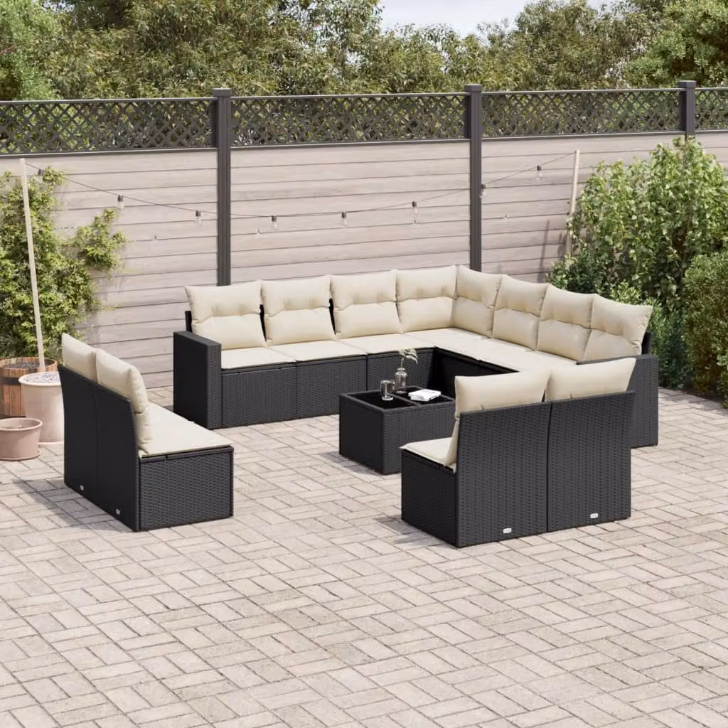 vidaXL Set Divani da Giardino a L con Cuscini e Tavolino Nero in Polyrattan – 1