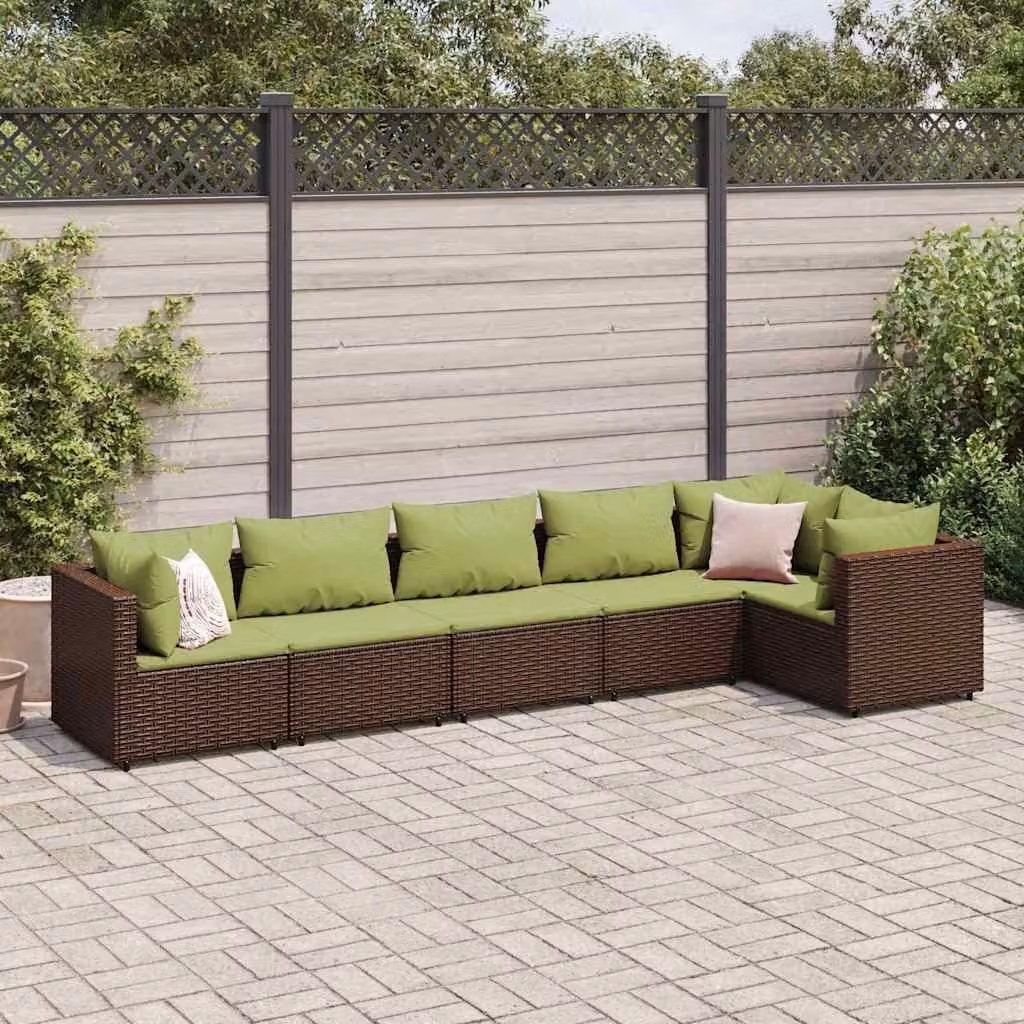 Set di mobili da giardino vidaXL a forma di L con 6 posti a sedere, struttura in metallo e rattan marrone e cuscini verdi resistenti ai raggi UV – 1