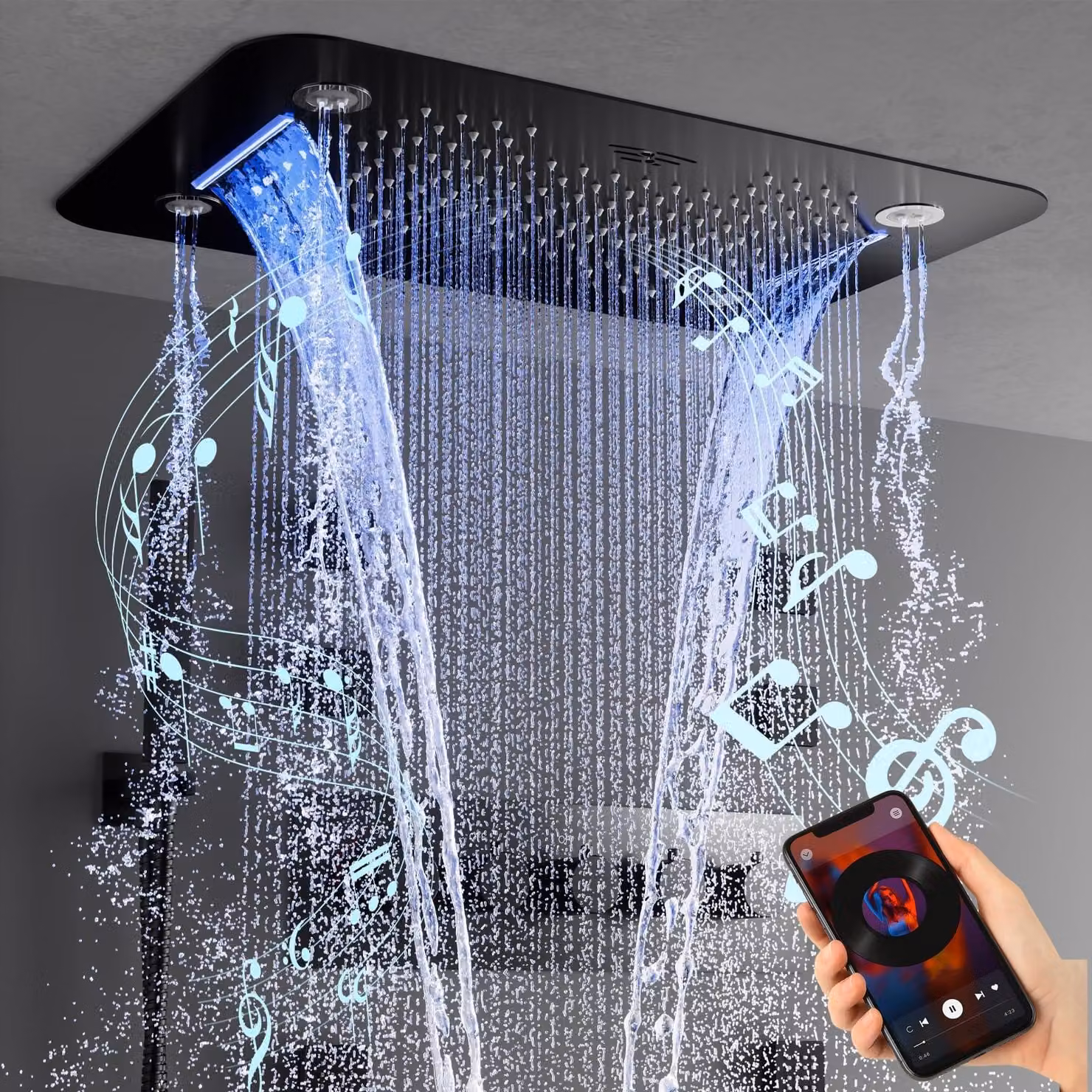 Set doccia LED con musica, 64 colori, dimensioni 580x380 mm, colore nero