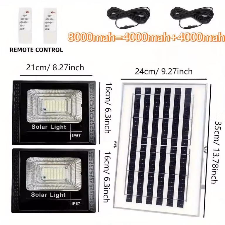 Lampada solare a LED - Apparecchio a due luci da parete - Batteria al litio da 8000 mAh - Con funzione di regolazione dell'intensità luminosa - Grado di protezione IP65 (resistente all'acqua) - Lunghezza del cavo: 5 metri - Adatta per l'uso in giardino