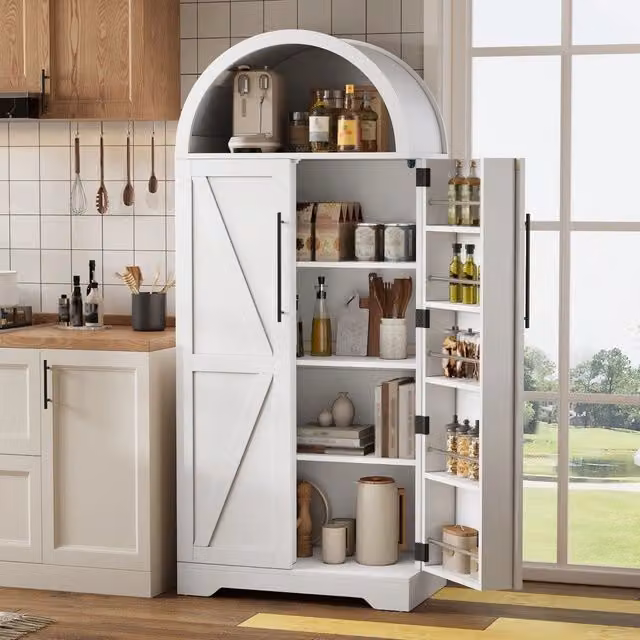 Mobile alto Minimal bianco in legno e MDF con ante e ripiani per cucina, soggiorno o camera, H 165 x L 70 x P 40 cm – 1