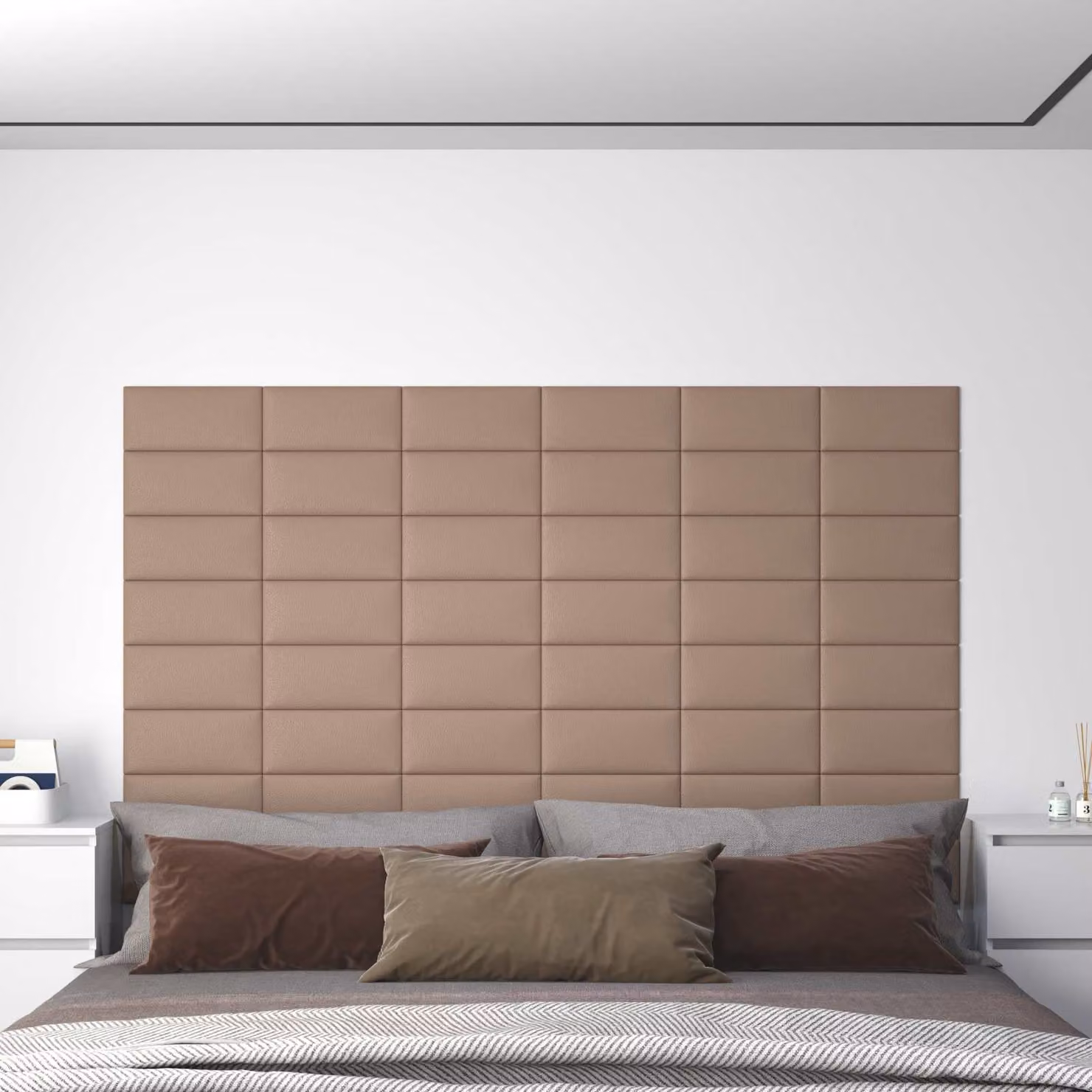 Set di 12 pannelli per testiera da parete vidaXL in tessuto beige e marrone, dimensioni di ogni pannello: 30 x 15 cm