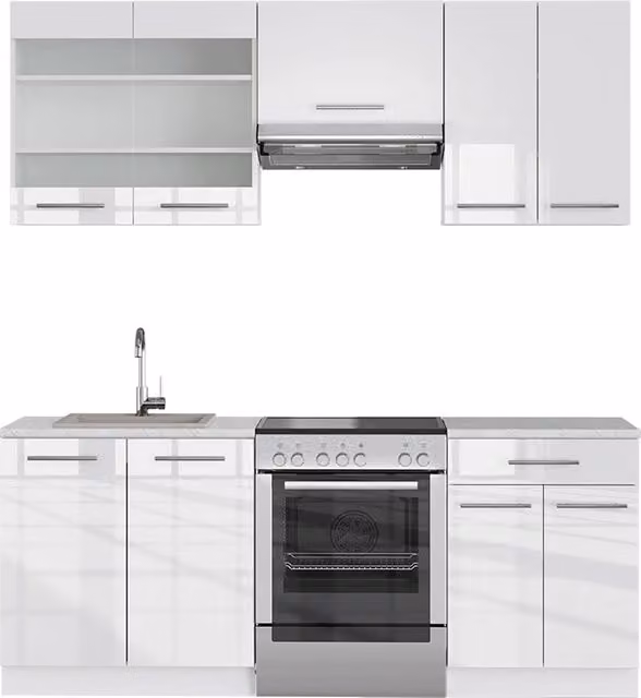 Cucina componibile Fame-Line Bianco lucido/Bianco 200 cm, PL Marmo Vicco