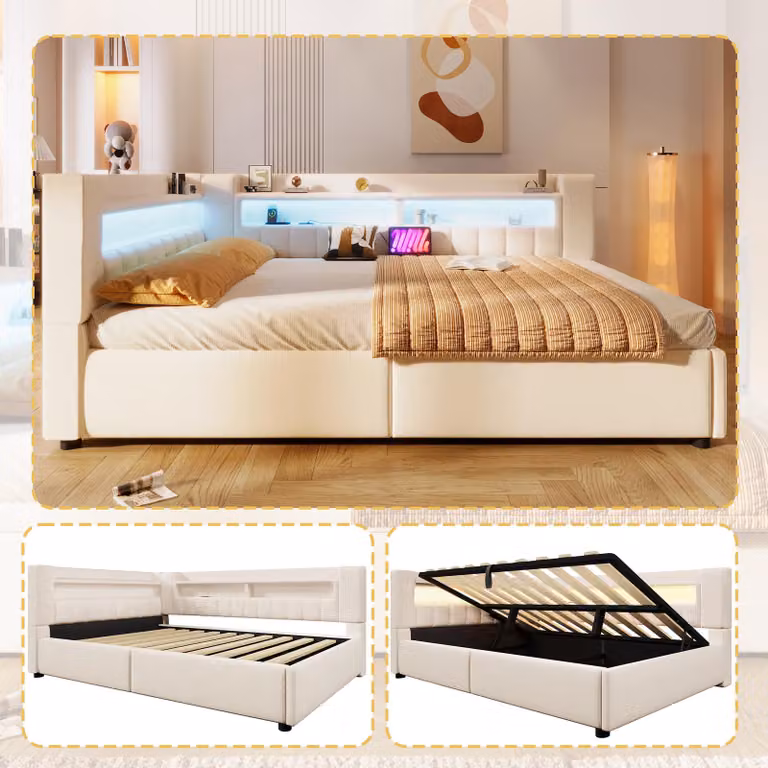 Letto a giorno 140x200 cm con spazio contenitore idraulico, illuminazione LED controllabile tramite app e touch, prese di ricarica USB e di tipo C, rivestimento in lino, senza materasso