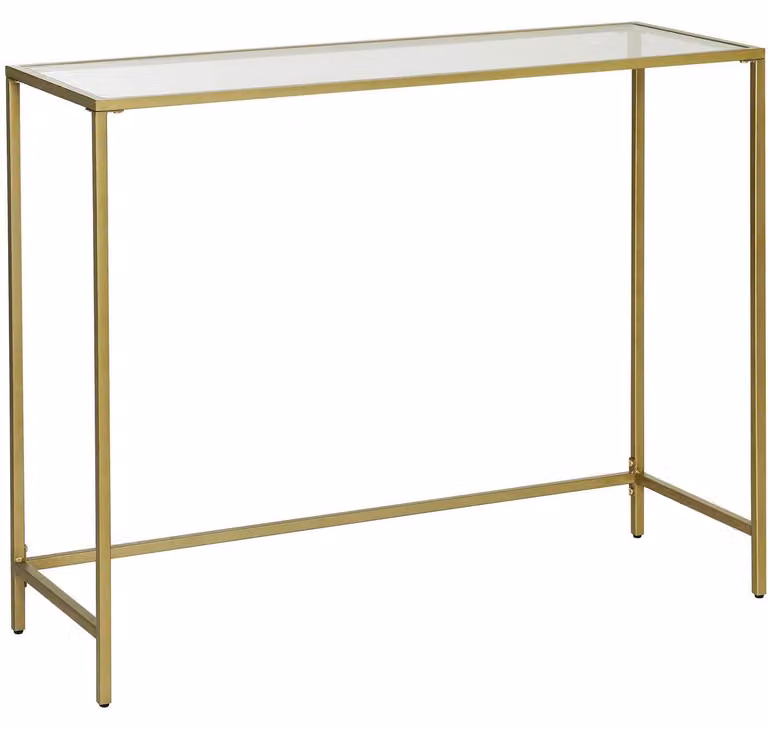 Tavolino – piano in vetro rettangolare – struttura in ferro dorato – gambe regolabili – dimensioni 100 x 35 x 80 cm