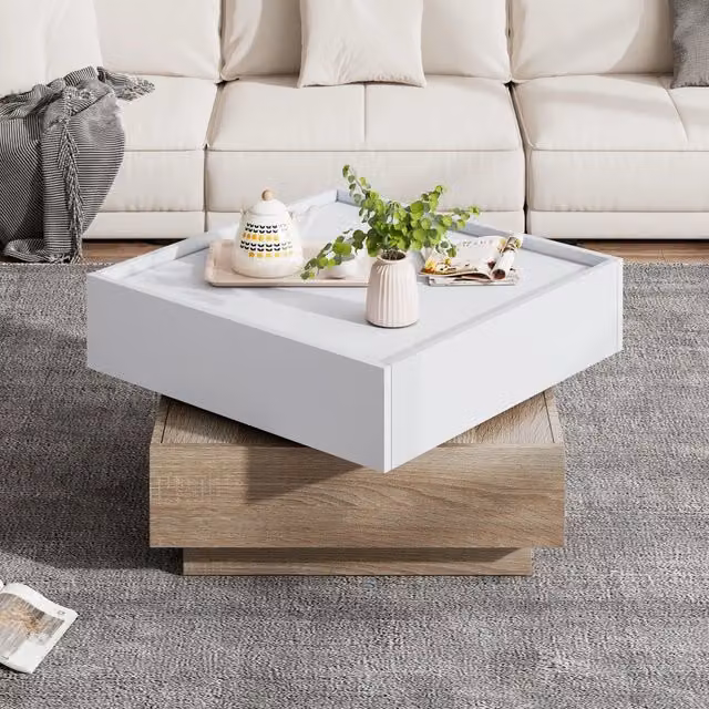 Tavolino basso girevole a 360° OKWISH con 2 cassetti e vano contenitore in MDF bianco e noce L/P/H: 60 x 60 x 38 cm