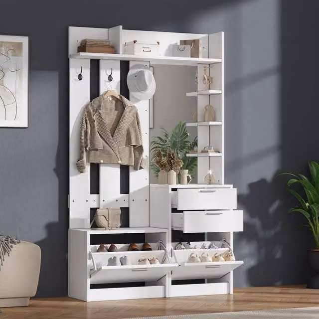Armadio Guardaroba REDOM Bianco con Specchio e Scarpiera in MDF L/P/H: 110 x 34 x 185 cm