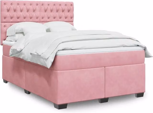 Letto con Giroletto a Molle e Materasso Ibrido vidaXL in Velluto Rosa e Bianco L/P: 160 x 200 cm