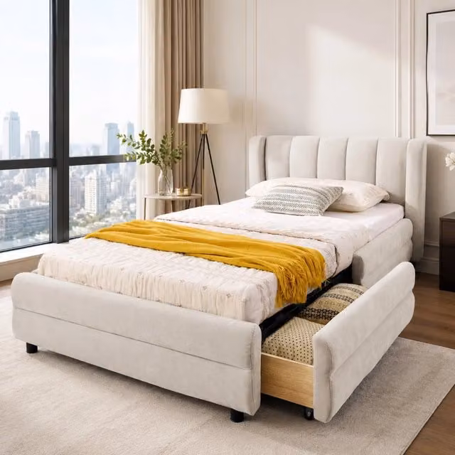 Letto singolo 90x200 cm in chenille beige con doppio cassetto, porta USB e USB-C
