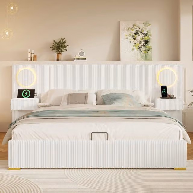 Letto matrimoniale 180x200 in velluto beige; contenitore idraulico; testiera LED e porte USB