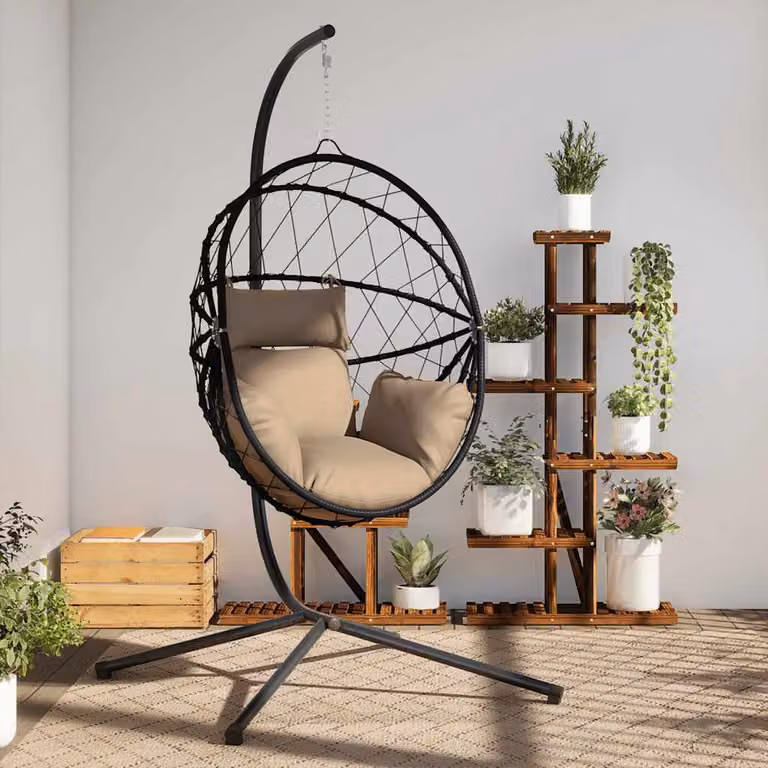 Sedia a uovo sospesa con supporto vidaXL in polyrattan e acciaio con cuscini inclusi, colori antracite, nero o beige, H 197 x L 104 x P 100 cm