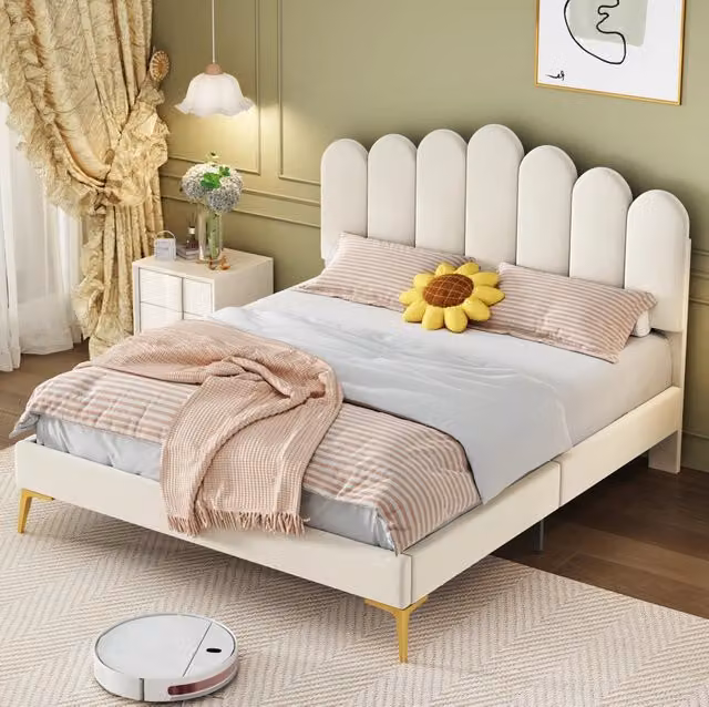 Letto matrimoniale imbottito MODFU in velluto beige L 140 x P 200 cm