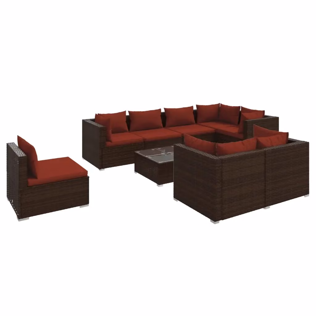 Set di Divani da Giardino 9 Pezzi vidaXL con Cuscini e Tavolino, Design Moderno a L in Polyrattan Marrone e Rosso – 2