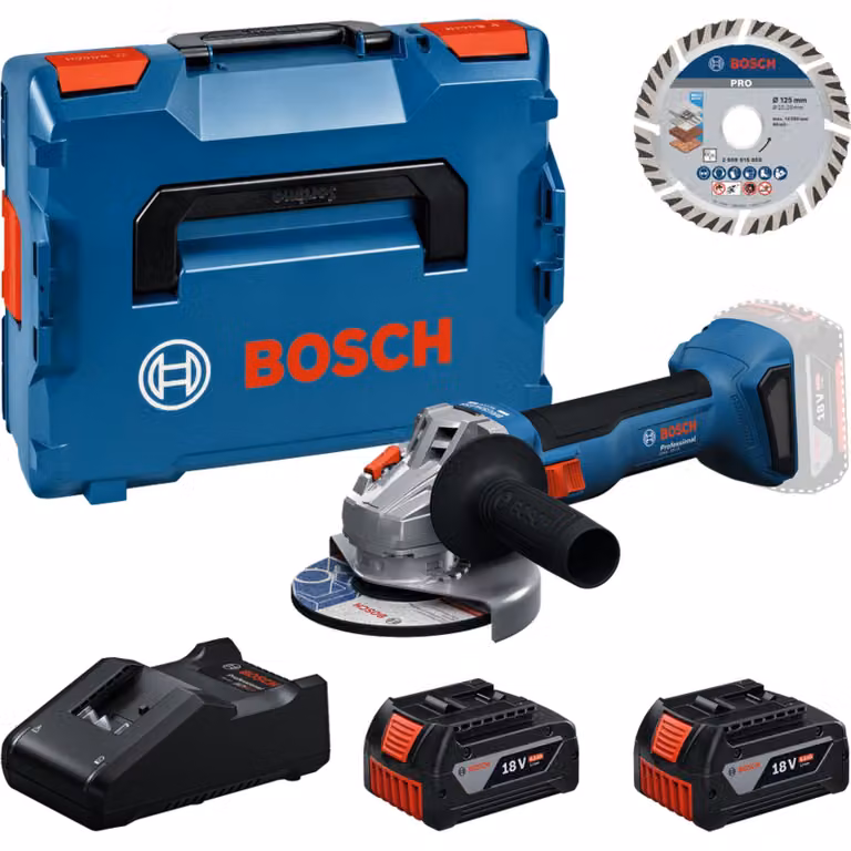 Set di utensili professionali Bosch: smerigliatrice angolare a batteria GWS 18V-8 + 2 batterie GBA da 4 Ah + caricabatterie GAL 18V-40 + disco da taglio da 125 mm, tutto confezionato in una valigetta L-BOXX