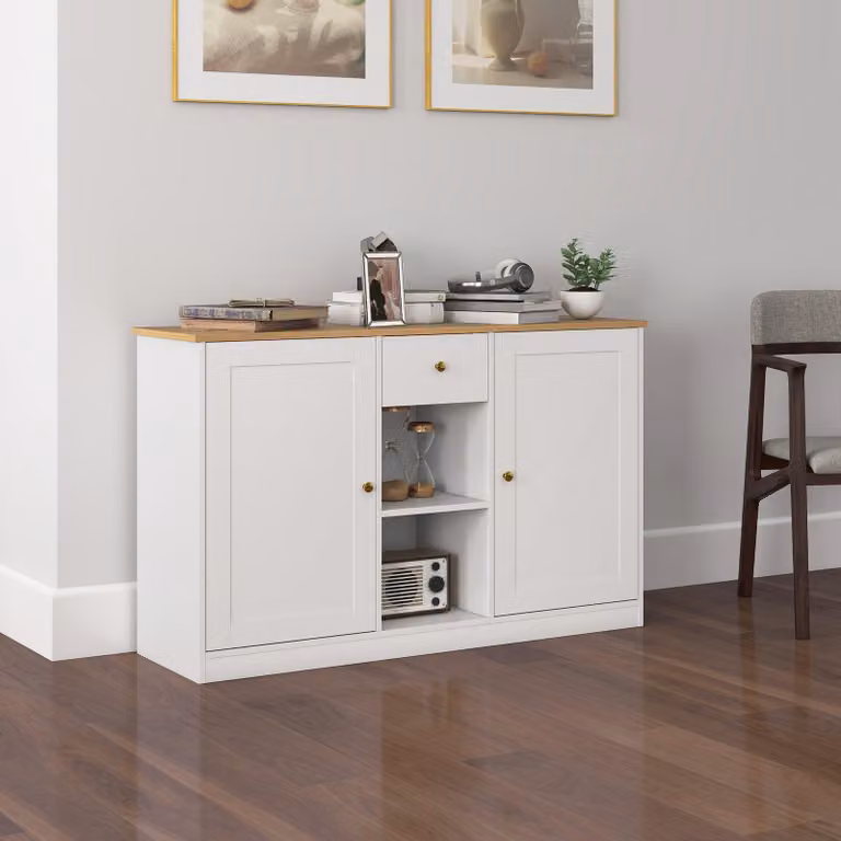 Comodino con cassetto e ripiani aperti | Colore: Bianco e marrone | Dimensioni: 120x35x75,2 cm