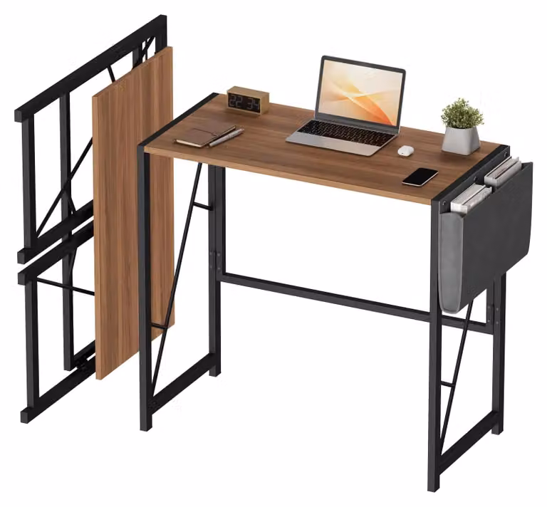 Scrivania pieghevole per computer - 80 cm - Con tasca laterale e ganci - Struttura in metallo - Salvaspazio - Montaggio semplice - Marrone