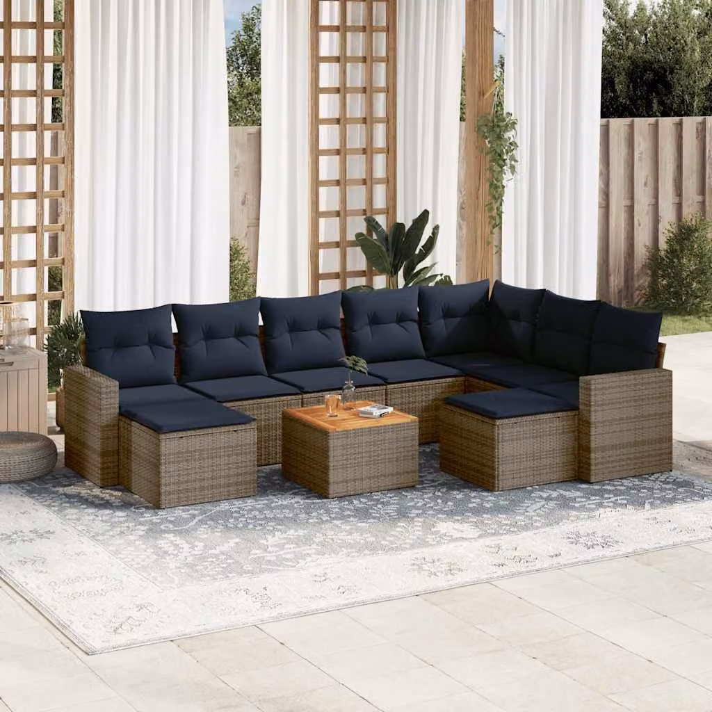 Set di divani da giardino vidaXL in polyrattan grigio con cuscini, tavolino e pouf per esterno