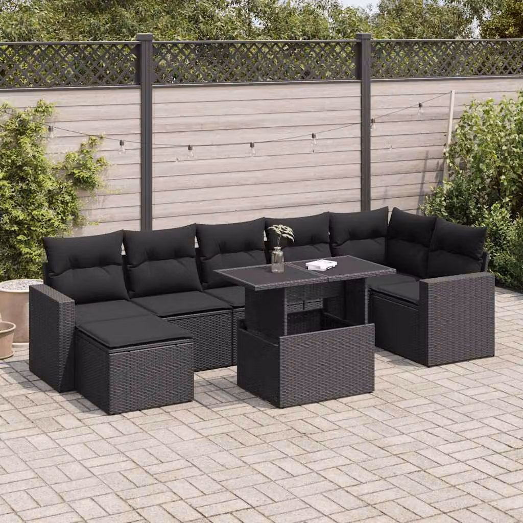 Set di divani da giardino vidaXL in polyrattan nero con 8 cuscini