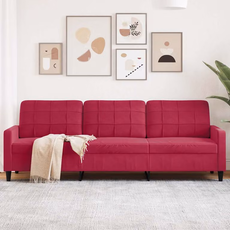Divano a 3 posti moderno vidaXL in velluto rosso con struttura in metallo L: 226 cm, P: 80 cm, H: 77 cm