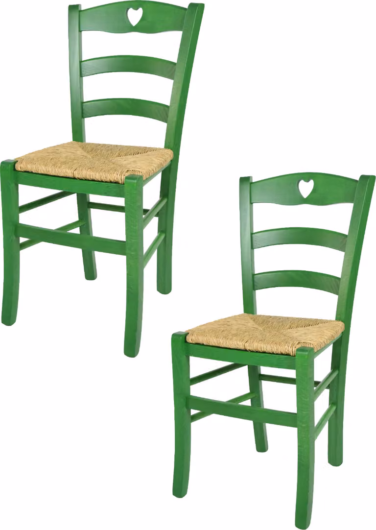 t m c s Tommychairs - Set di 2 sedie CUORE per cucina e sala da pranzo, struttura robusta in legno di faggio, laccata in colore verde anilina e sedile in paglia
