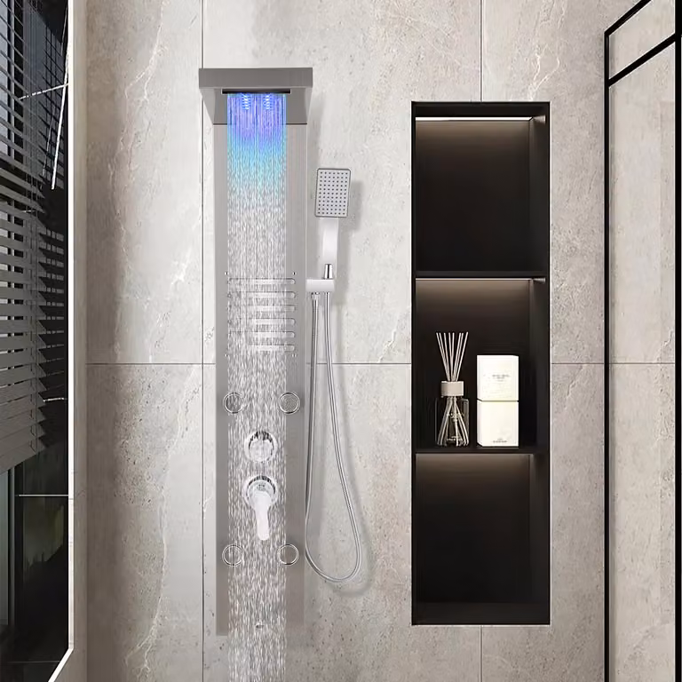 Jayseuw pannello doccia per bagno Sistema doccia idromassaggio Doccia a pioggia Pannello doccia multifunzionale 5 grandi getti massaggianti Colonna doccia, argento