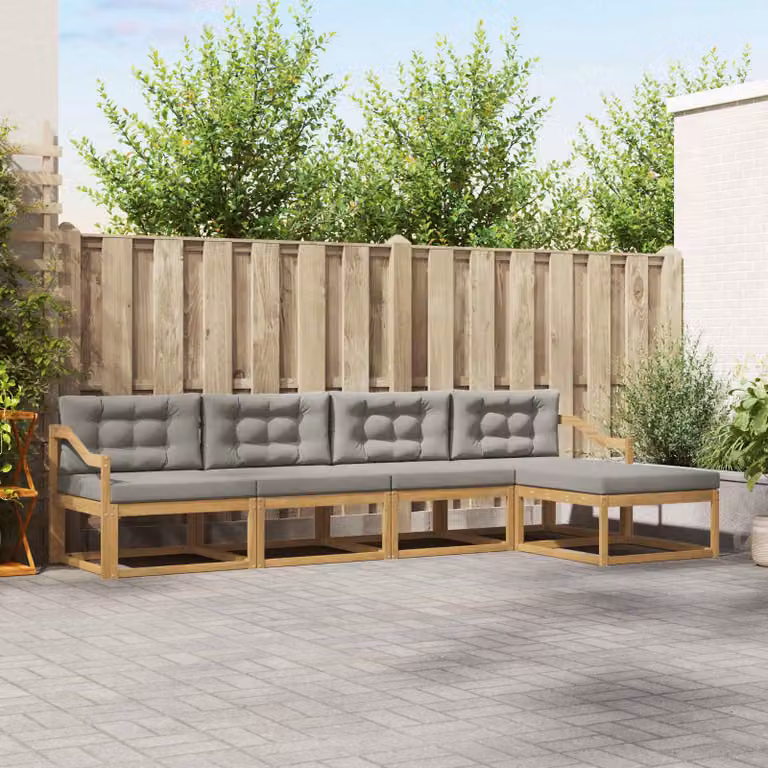 vidaXL Set di divani da esterno a L con pouf, struttura in legno di acacia e cuscini inclusi, Bianco, Grigio e Marrone