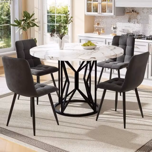 Set da pranzo MIVRAY composto da tavolo rotondo con piano in MDF effetto marmo bianco e nero e 4 sedie in velluto nero, L/P/H: 100 x 100 x 76 cm