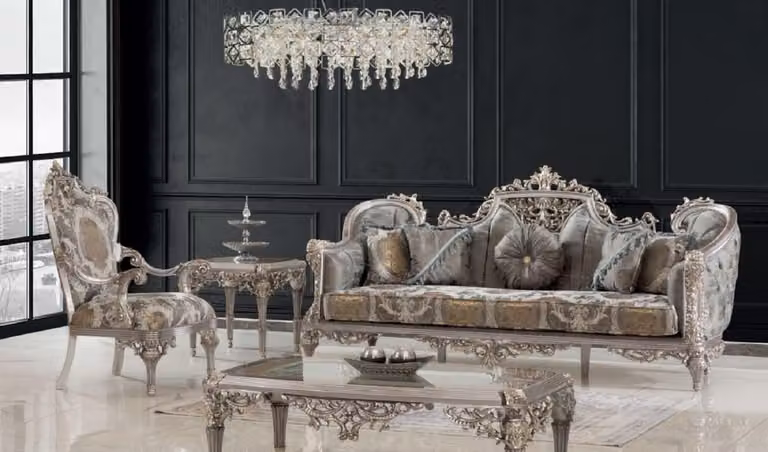 Casa Padrino set da salotto barocco grigio / argento / oro - 2 divani & 2 poltrone & 1 tavolino & 2 tavolini - Mobili da salotto fatti a mano in stile barocco - Nobile e magnifico