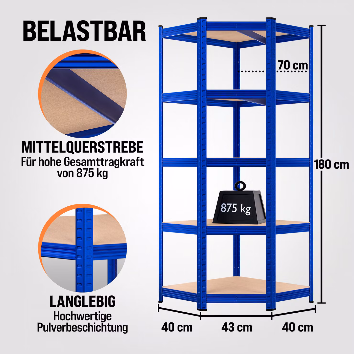 Scaffalatura pesante MONZANA blu in metallo e mdf con ripiani regolabili L/P/H: 180 x 70 x 40 cm – 2
