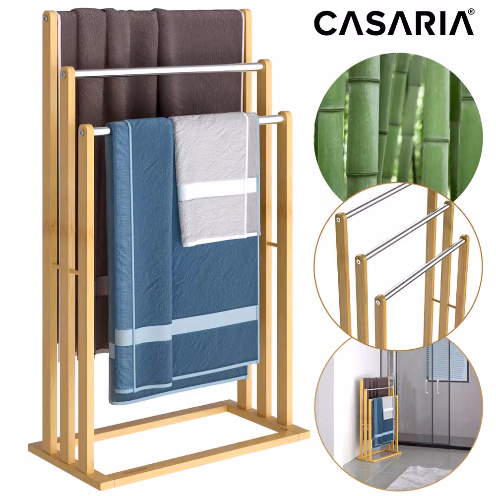 Set di 2 portasciugamani autoportanti Casaria® in bambù marrone con 3 barre in acciaio inox, H: 84 cm, L: 46 cm, P: 24 cm – 2