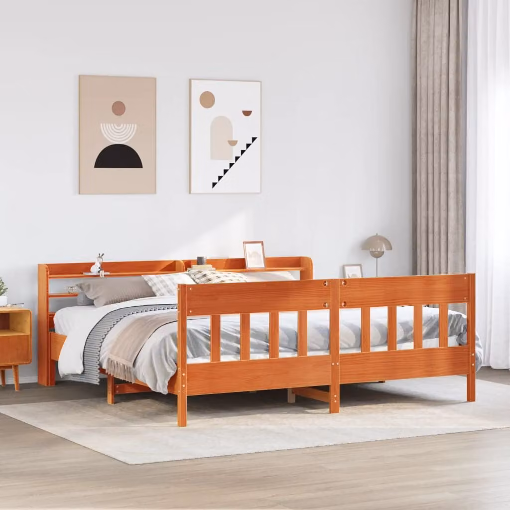Letto in legno di pino massiccio vidaXL stile rustico color marrone cera con ripiani laterali L: 200 cm, P: 200 cm, H: 210 cm