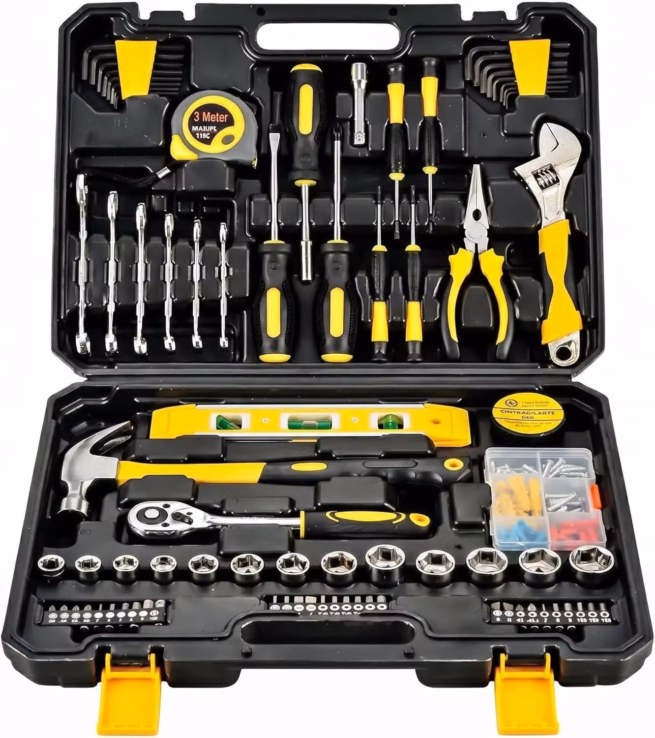 Kit di utensili per la casa da 108 pezzi - Valigetta portatile per utensili - Include cacciaviti, martello, pinze, chiave a bussola e chiavi inglesi - Adatto per uso domestico e automobilistico - Colore: nero