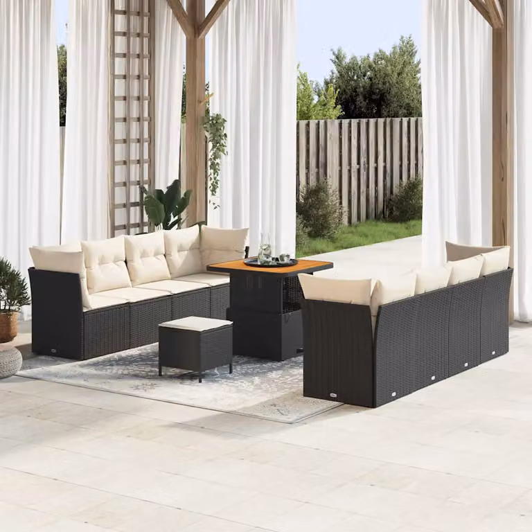 Set Divano da Giardino vidaXL a forma a U composto da 11 pezzi in polyrattan nero con cuscini inclusi e struttura in acciaio verniciato a polvere