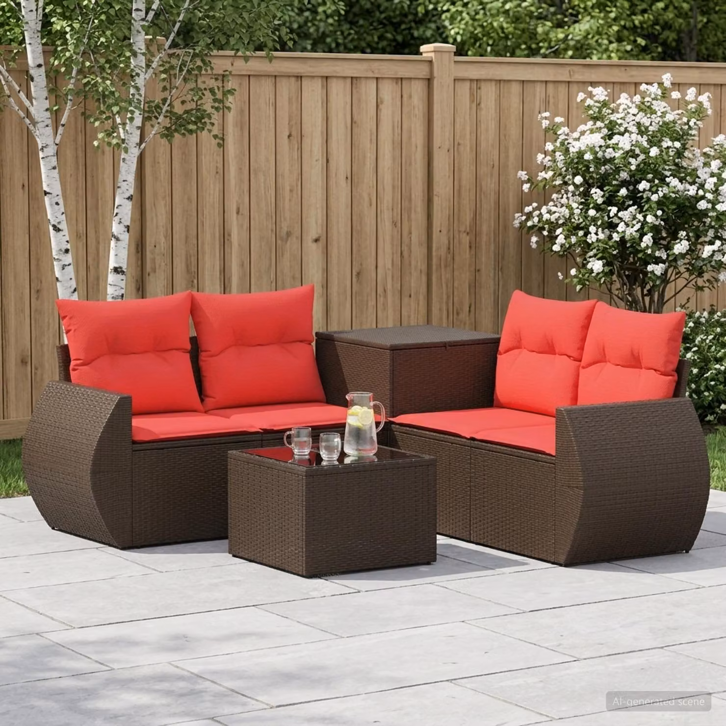 Set di divani da giardino vidaXL 6 pezzi in rattan e acciaio con cuscini marrone e rosso