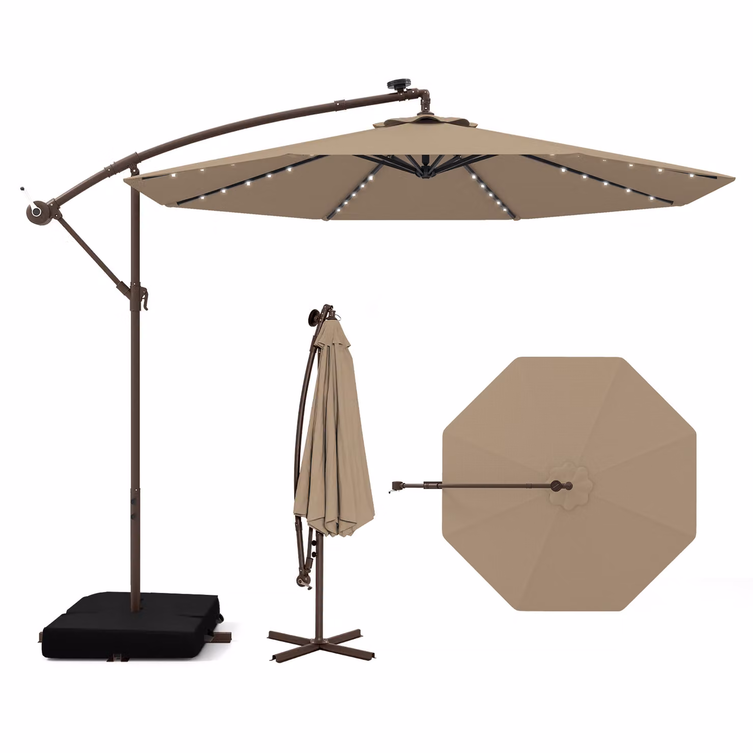 Ombrellone a sbalzo COSTWAY con sacchi di sabbia, ombrellone Ø300cm con 40 LED solari e manovella, ombrellone da giardino protezione UV marrone