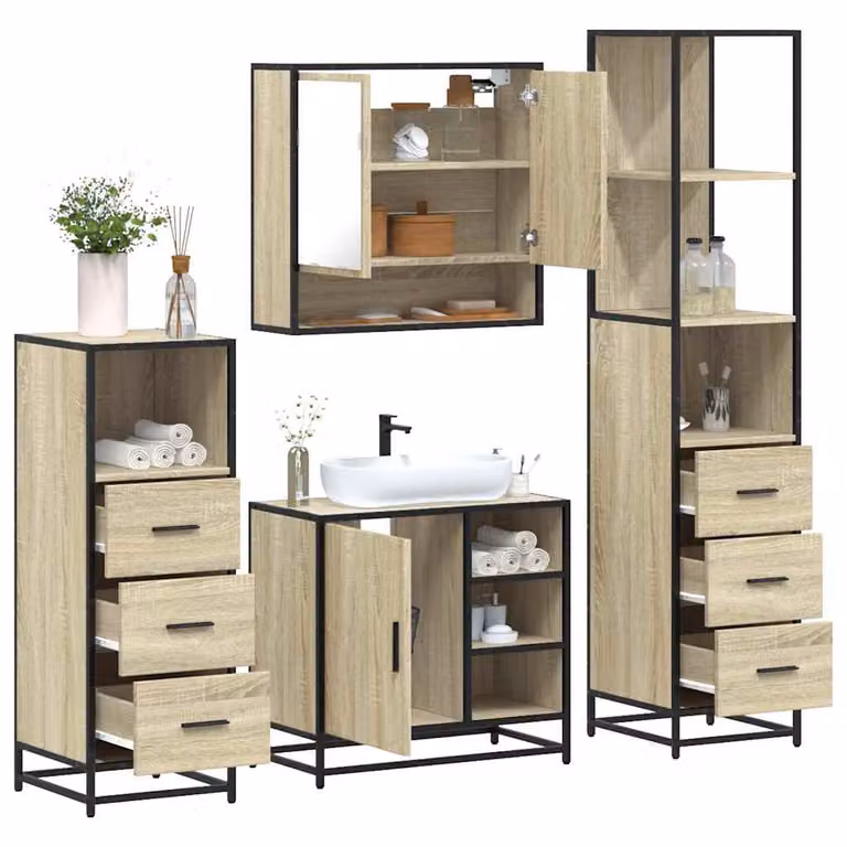 Set di mobili da bagno industrial vidaXL composto da 4 pezzi in legno e metallo marrone con armadietto specchio, mobile lavabo, mobile laterale e colonna alta