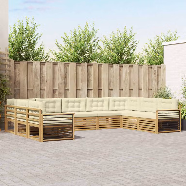 Set di divani da esterno vidaXL a forma di L in legno di acacia con cuscini, Bianco e Beige