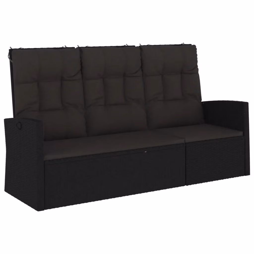 Panca da giardino reclinabile vidaXL in rattan nero con cuscini e braccioli L: 173 cm – 2