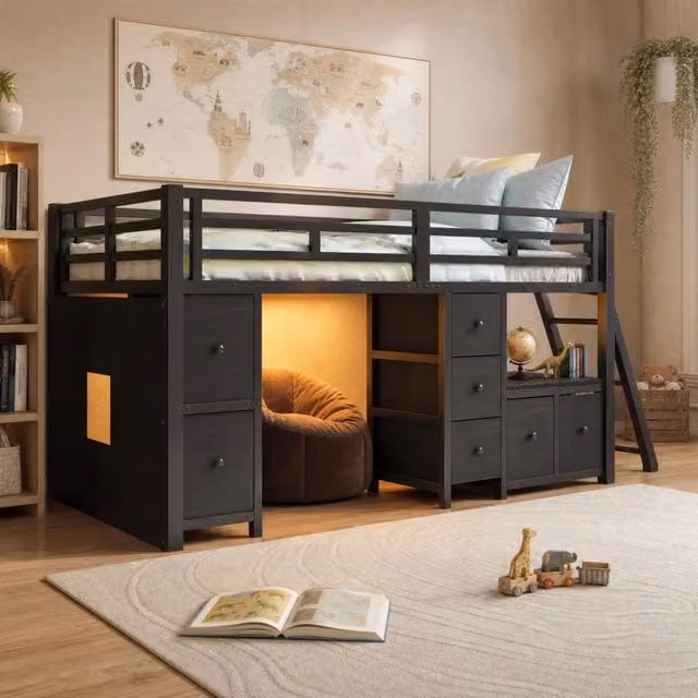 Letto semialto 90x200 cm in metallo nero con LED e contenitore per bambini -